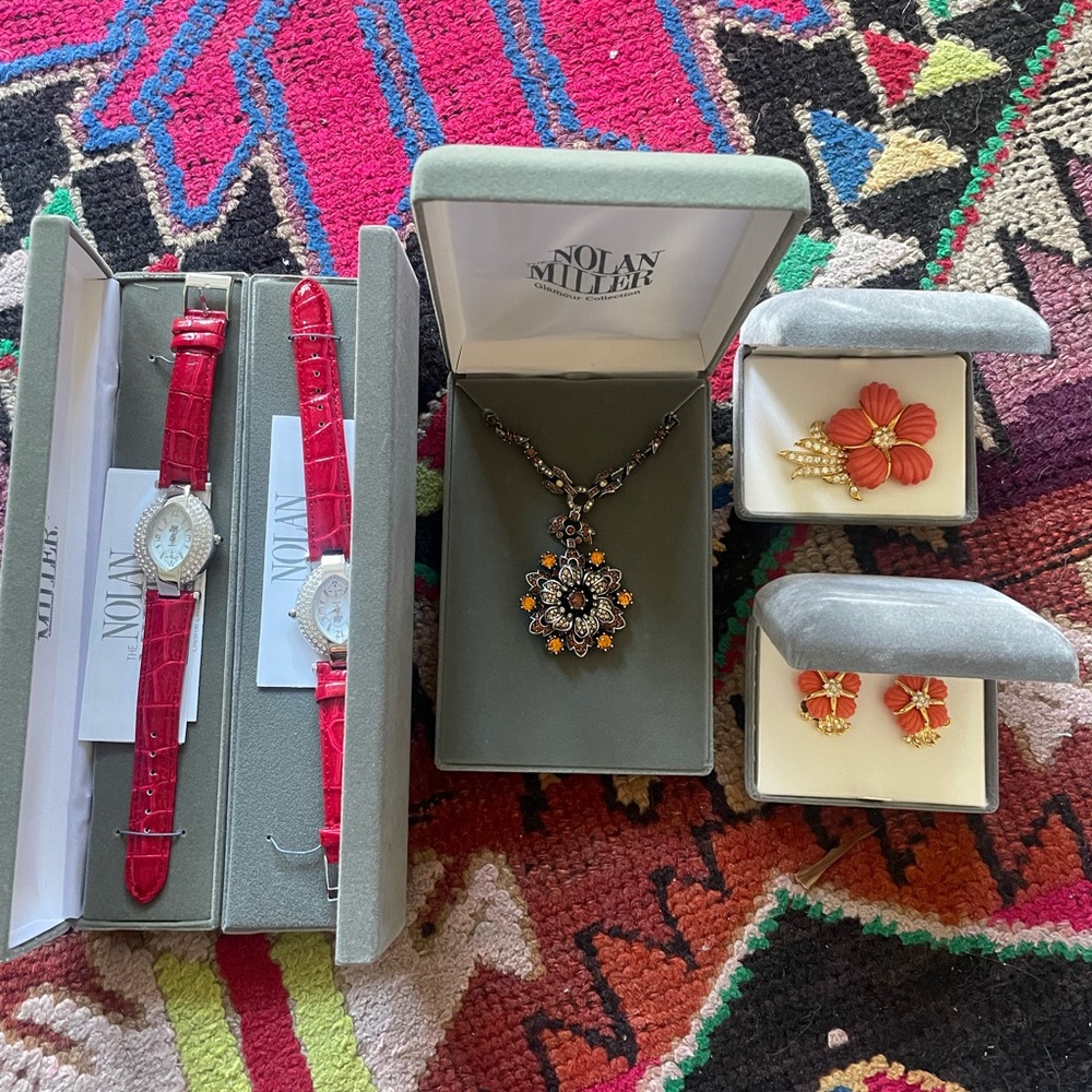 Nolan Miller Red and Gold Watch with Floral Jewelry Set. Vintage new